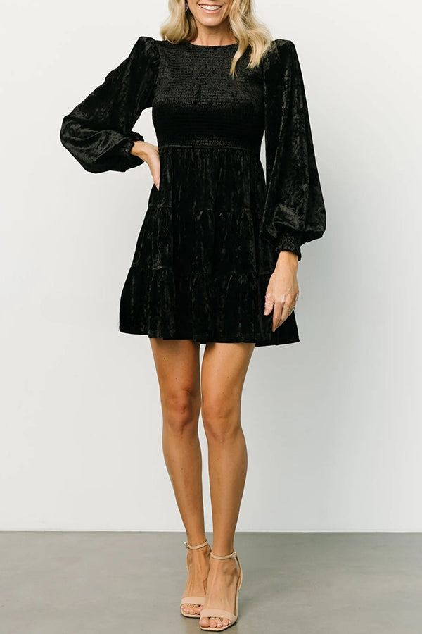 Kele Velvet Balloon Sleeve Patchwork Smocked Crew Neck Mini Dress