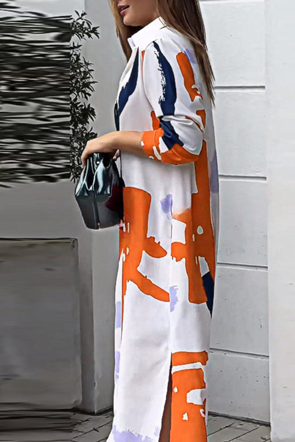 Abstract Art Print Pocket Button Long Sleeve Maxi Dress