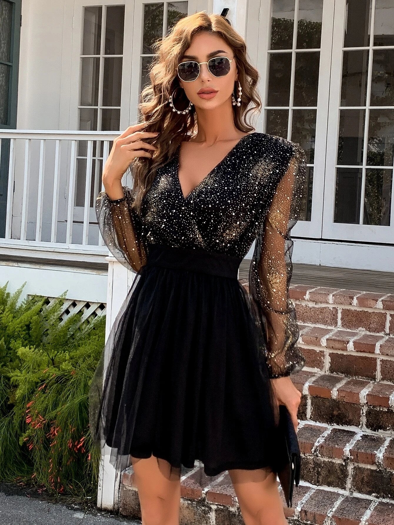 Lantern Sleeve Glitter Mesh Black Mini Tulle Dress M01057