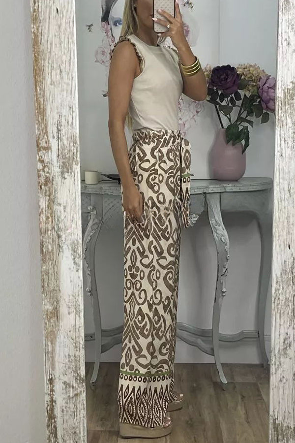 Cecilia Ethnic Print Tie Front Elastic Waist Wide Leg Pants