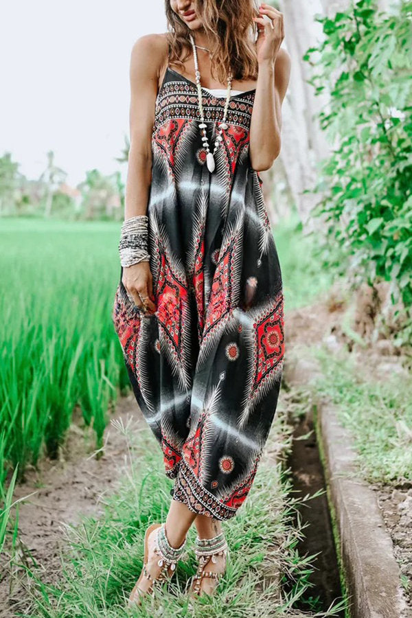 Free Spirit Boho Ethnic Print Loose Dungaree Jumpsuit