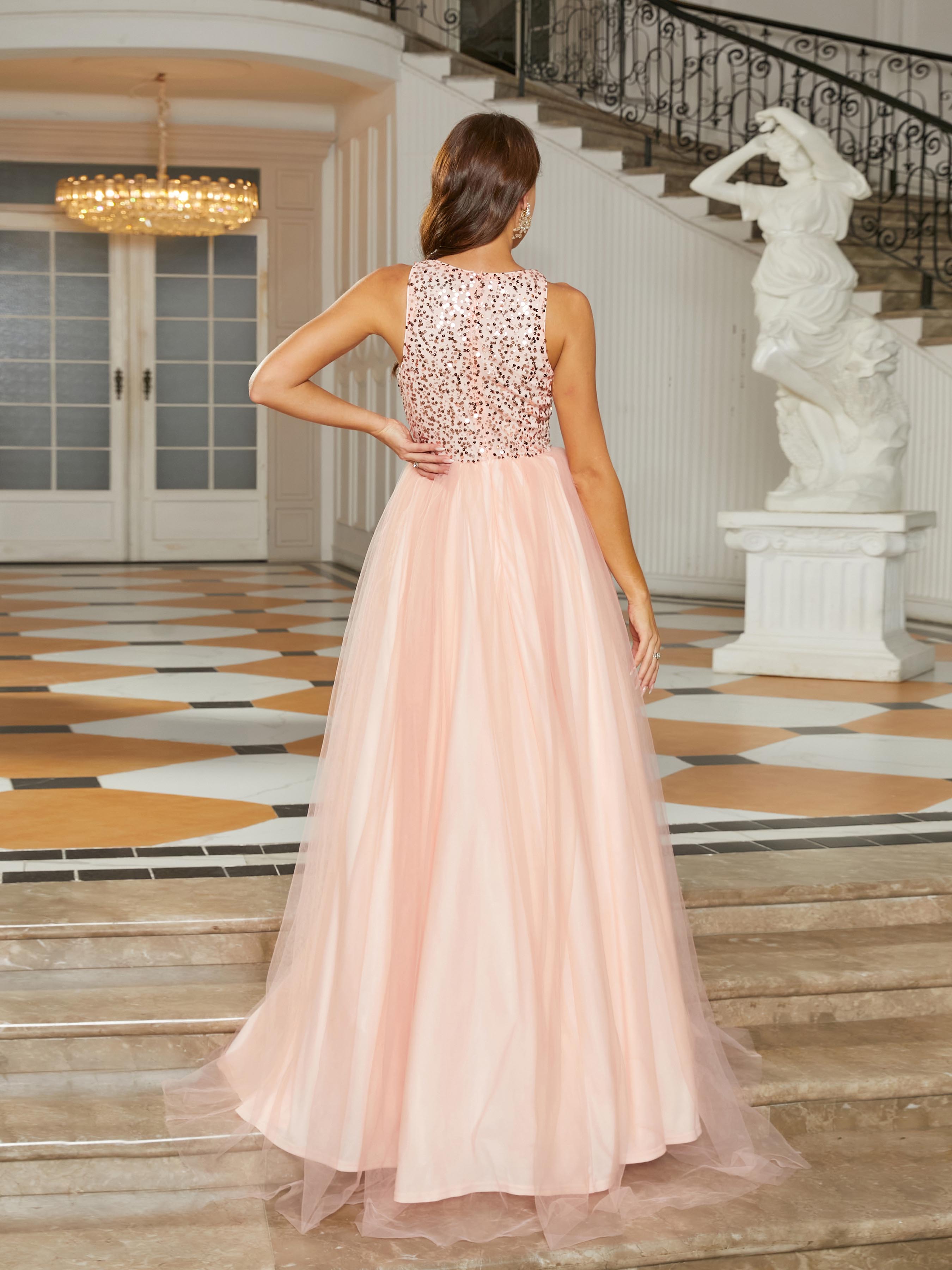 Formal Sleeveless A-Line Mesh Pink Ball Gown RJ10685