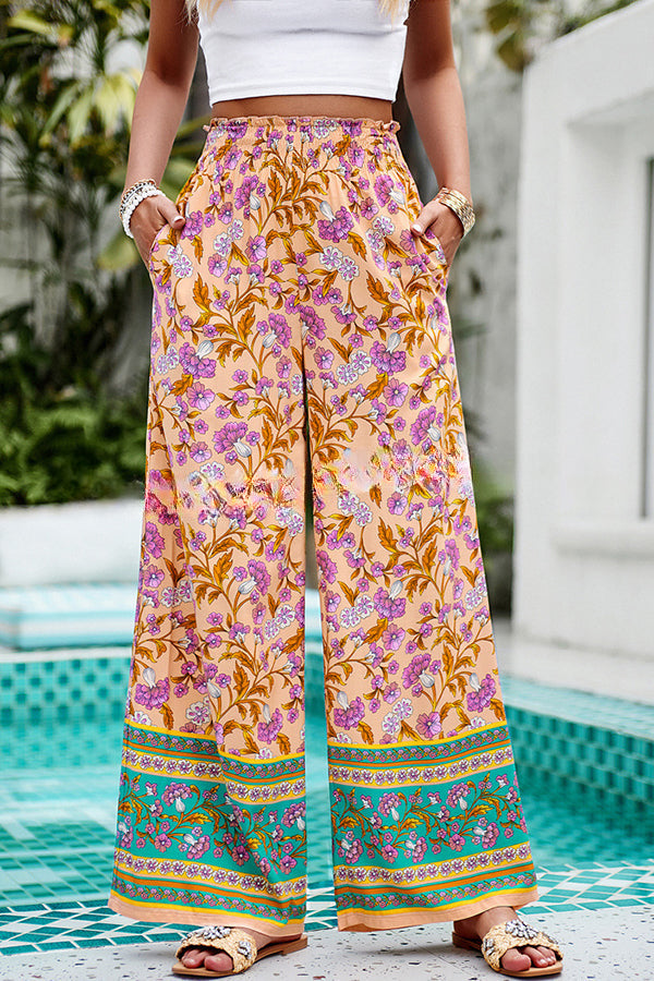 Floral Print Stretch Waist Pocket Wide Leg Pants