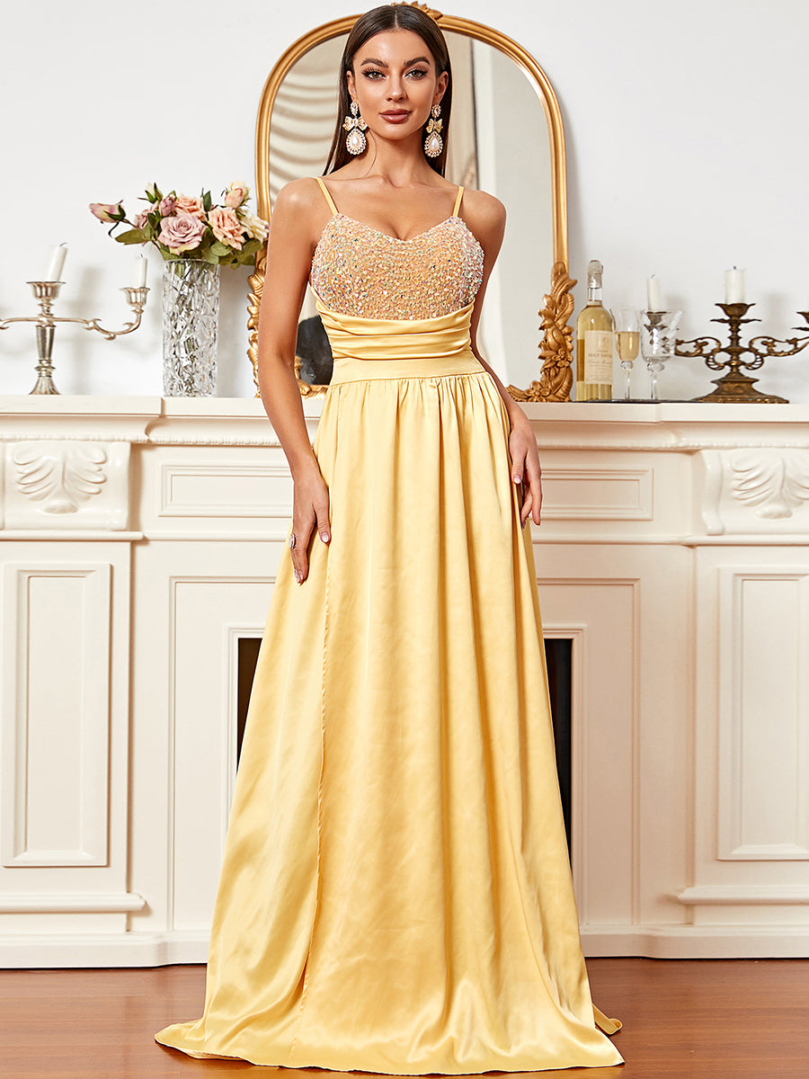 Backless Sleeveless Yellow Maxi Satin Prom Dress XH2023