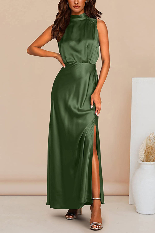 The Story of Us Satin High Neck Slit Maxi Dress