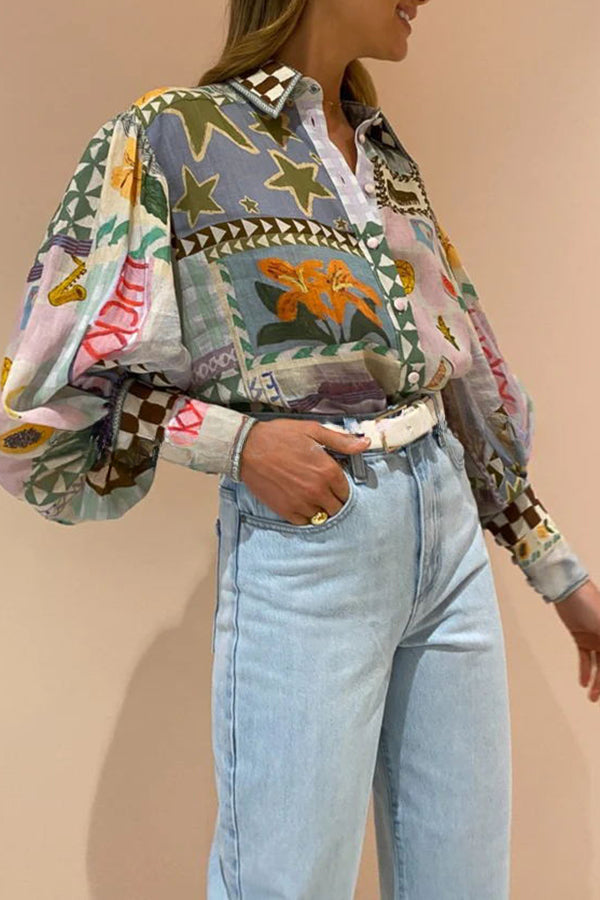 Fun and Nostalgic Unique Print Balloon Sleeve Button Loose Shirt