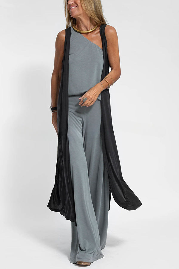 Modal One Shoulder Tank & Stretch Wide-leg Pants& Midi Vest Three Pieces Suit