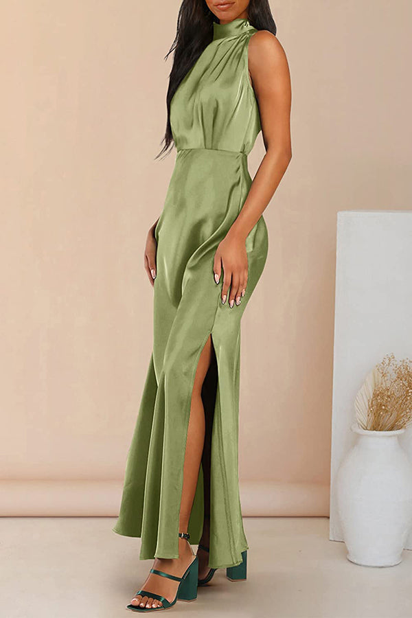 The Story of Us Satin High Neck Slit Maxi Dress