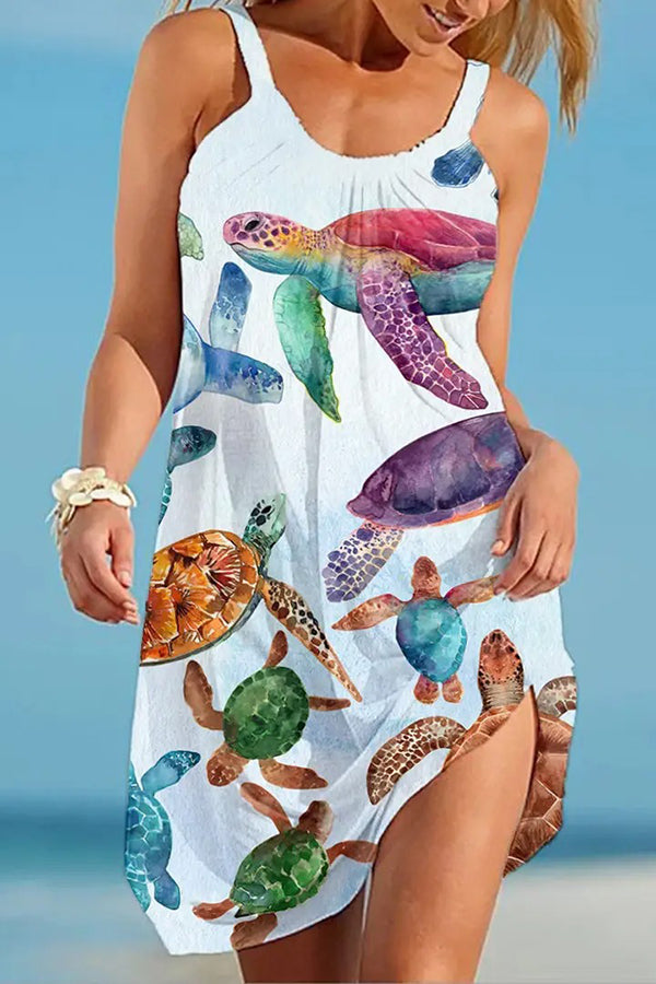 Liberty Island Ocean Turtle Printed Sling Beach Mini Dress