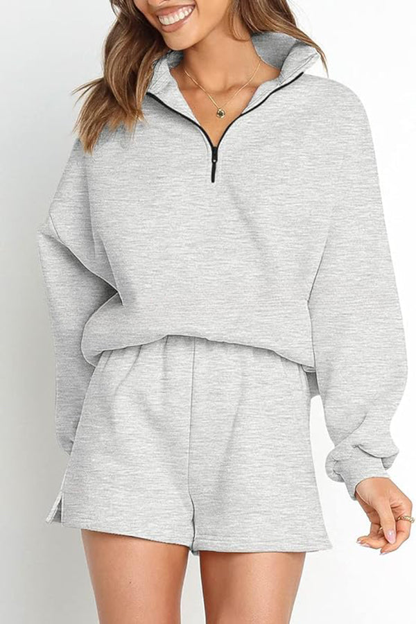 Super Comfortable Pullover Zipper Sweatshirt and Pocket Elastic Waist Shorts Set