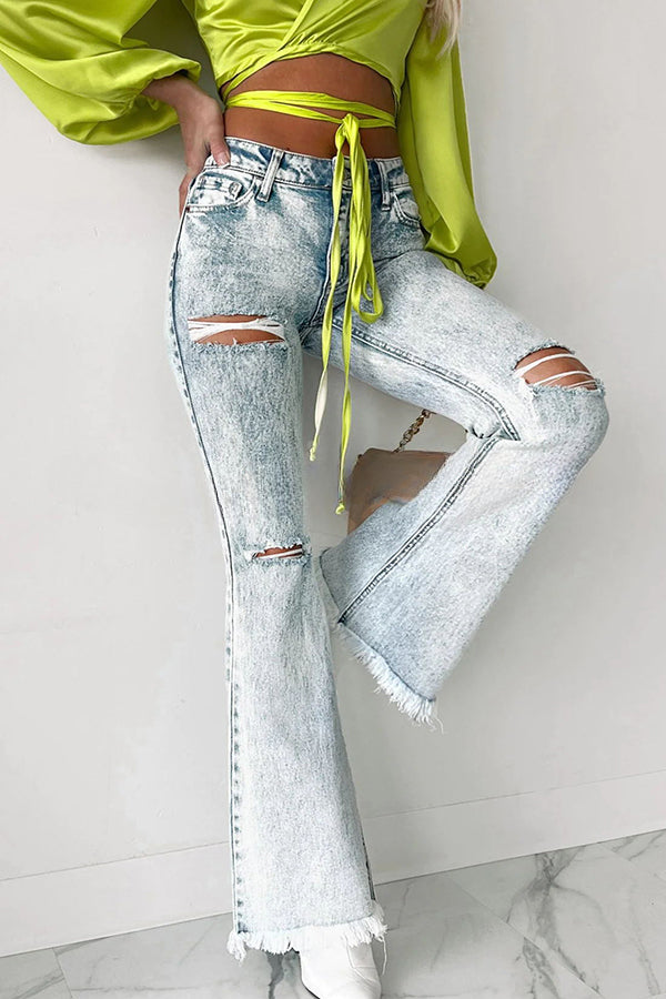 High Rise Pocket Fringe Ripped Jeans