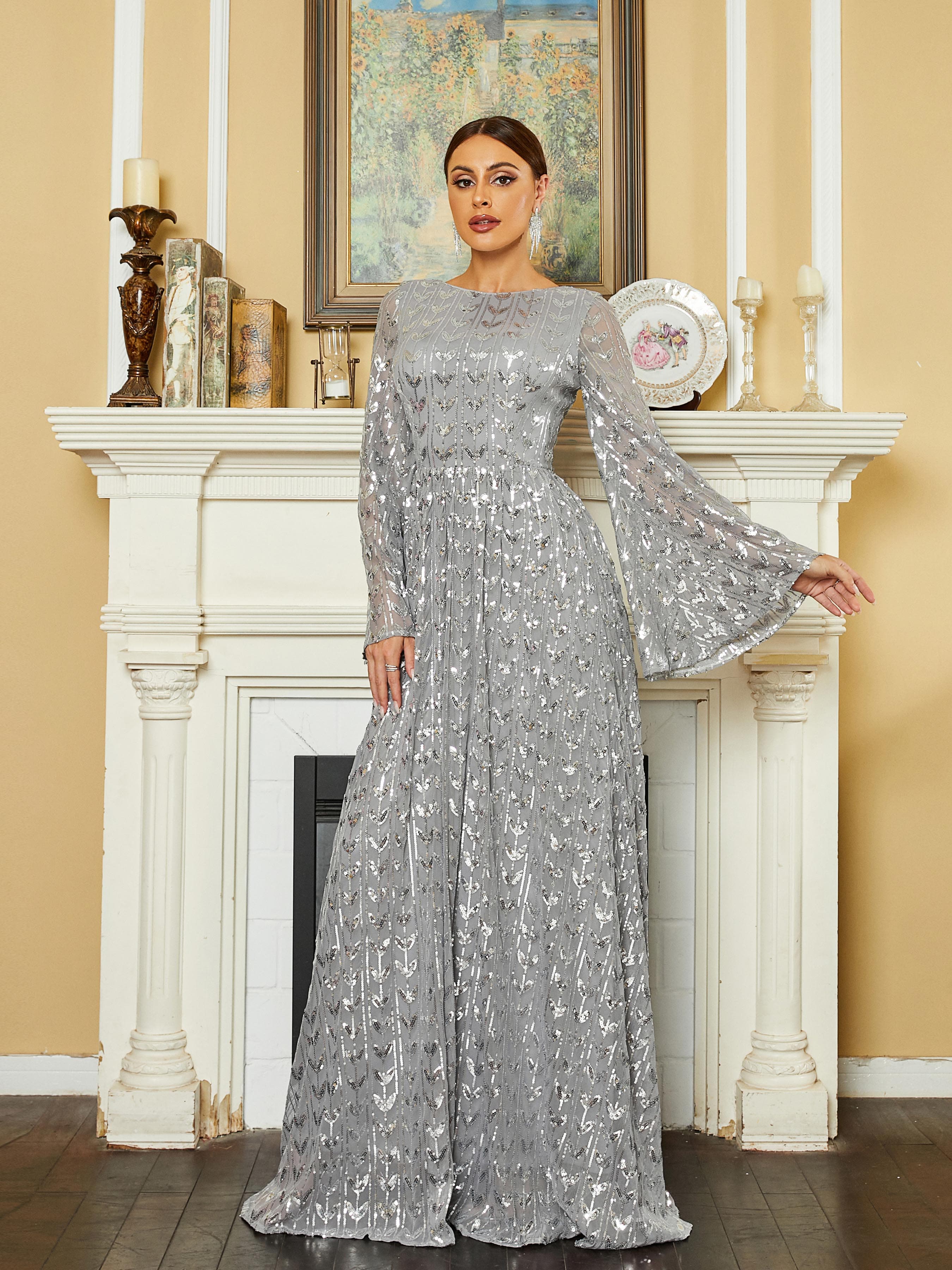 Crew Collar Bell Sleeve Backless Sequin Grey Evening Dress RM20603