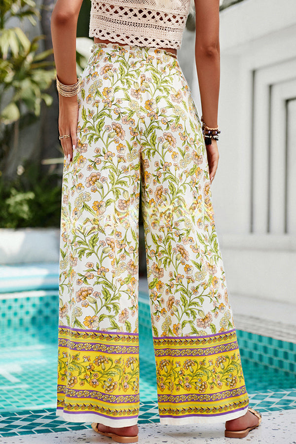 Floral Print Stretch Waist Pocket Wide Leg Pants