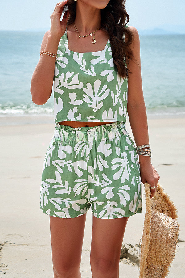 Fun Printed Suspender Pockets and Elastic Waist Shorts Set