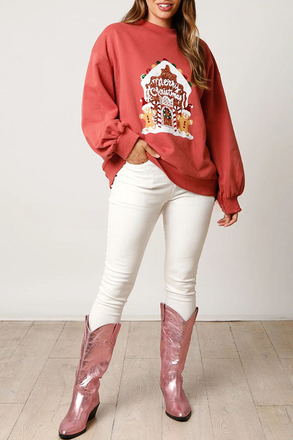 Gingerbread House Sequined Pullover Long Sleeved Sweatshirt