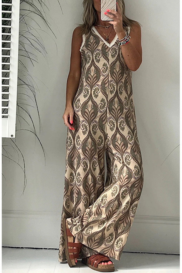 Moroccan Inspired Printed Texture V-neck Loose Jumpsuit