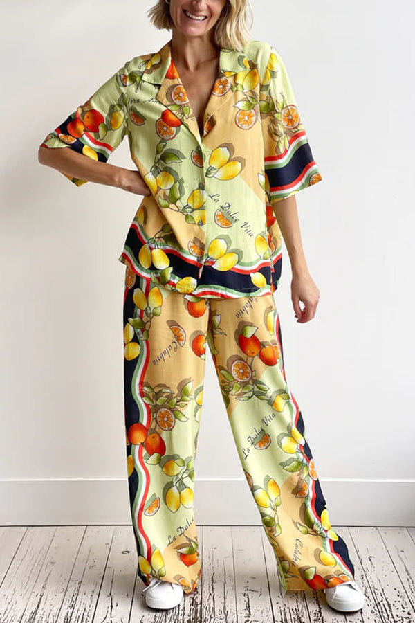 Fruity Citrus Linen Blend Printed Wide Leg Vacation Pants