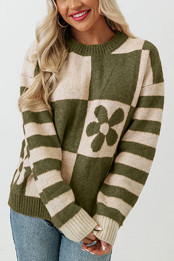 Checkered and Striped Knitted Pullover Sweater