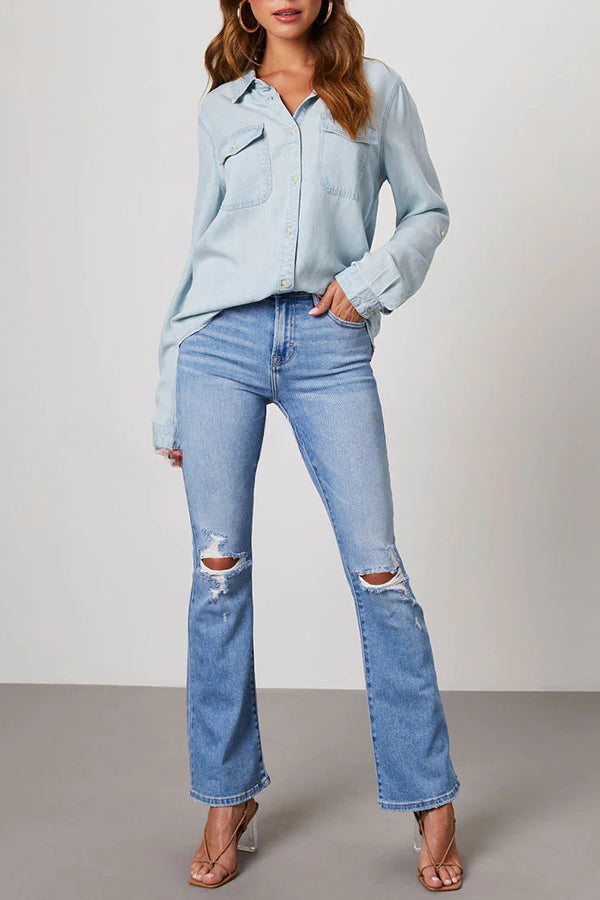 Krissy Denim Pocketed Button Down Relaxed Blouse