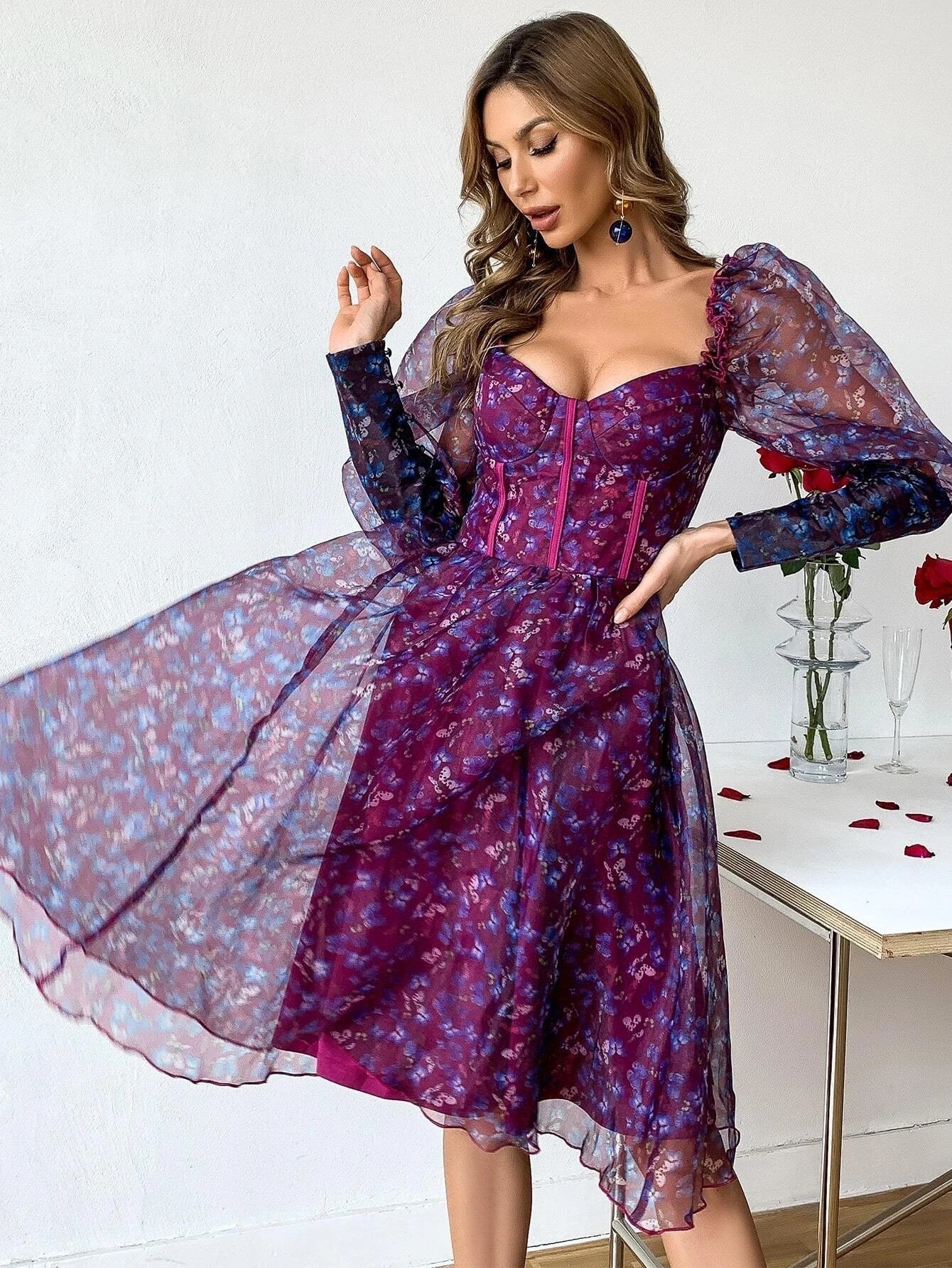 Missord Sweetheart Neck Gigot Sleeve Butterfly Mesh Dress M0514