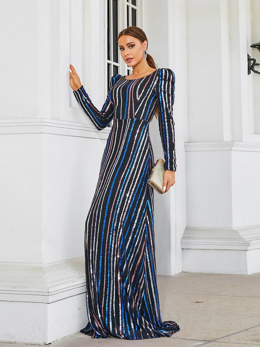 Crew Neck Striped Sequin Blue Evening Dress XJ1966