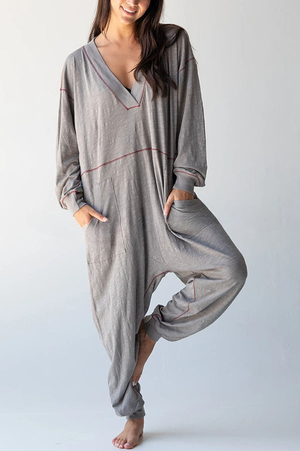 Home or Traveling Cotton Blend Long Sleeve Pocketed Loose Jumpsuit