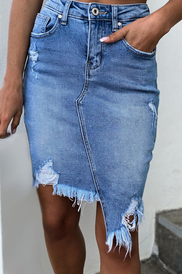 High Waist Ripped Irregular Denim Skirt