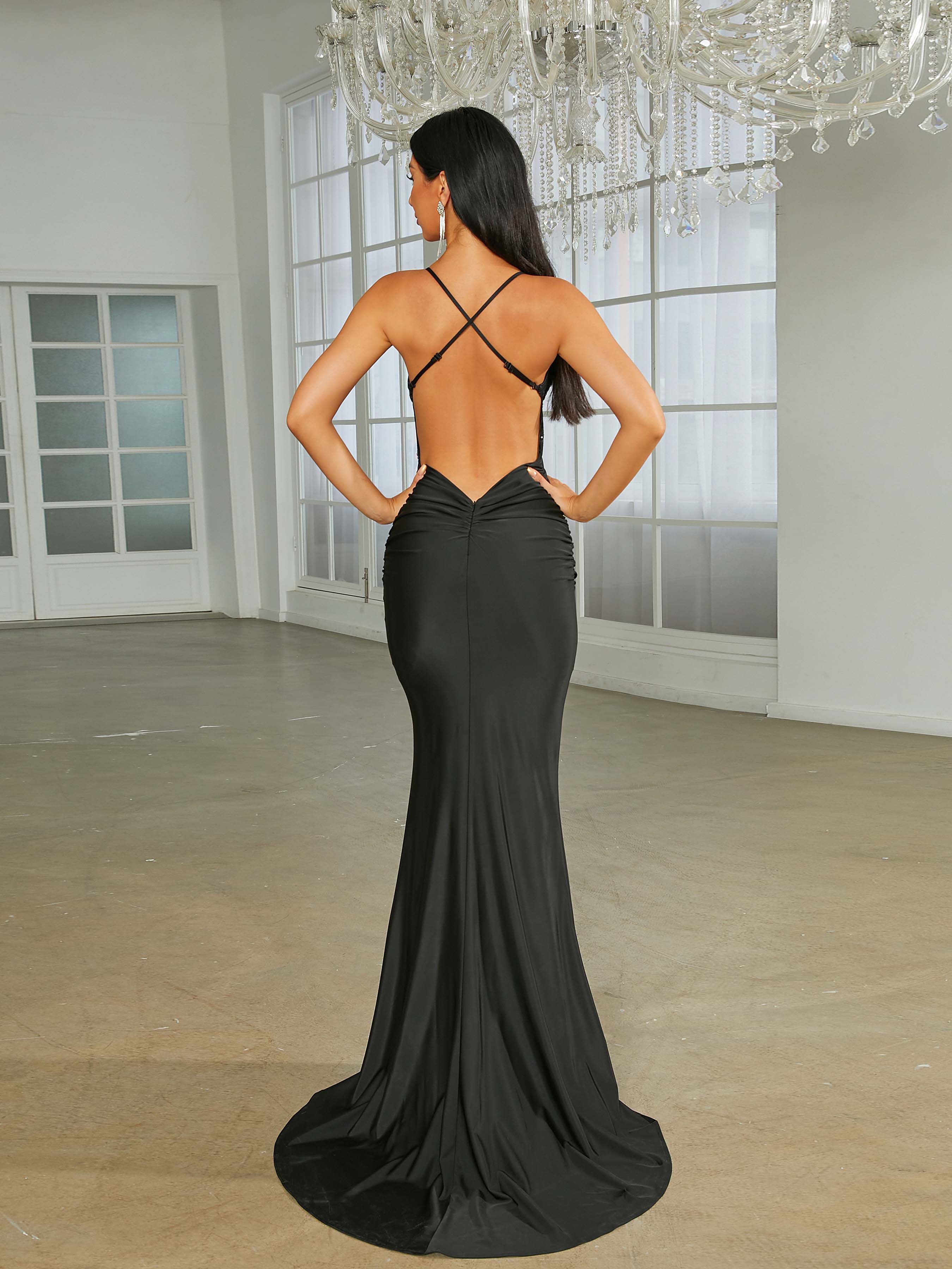 Spaghetti Open Back Black Evening Dress RA60015