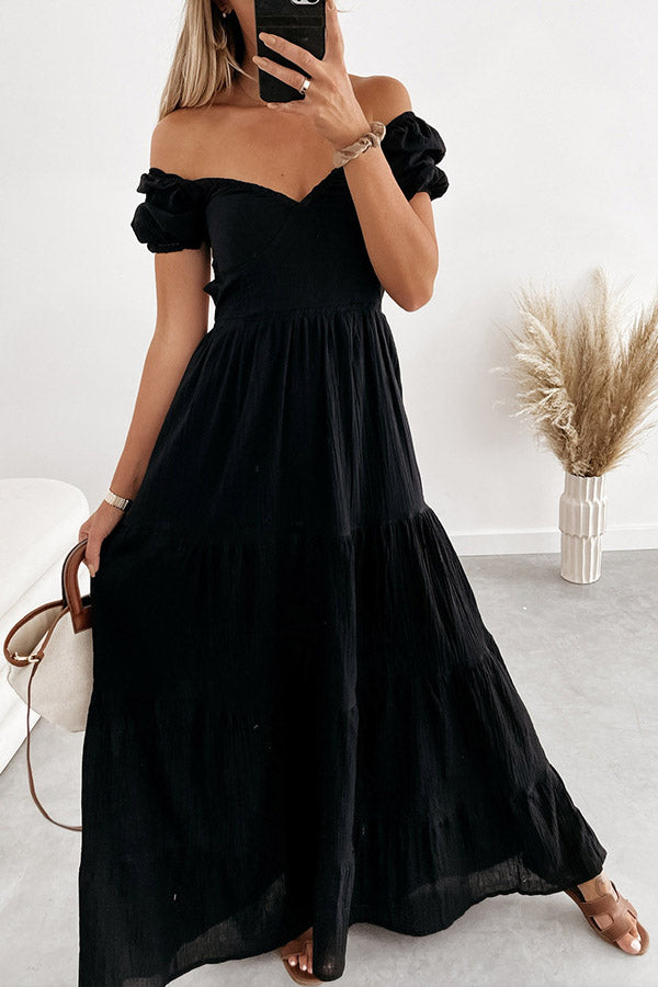 Short-sleeved off-the-shoulder solid-color backless strappy temperament commuter high-waist dress