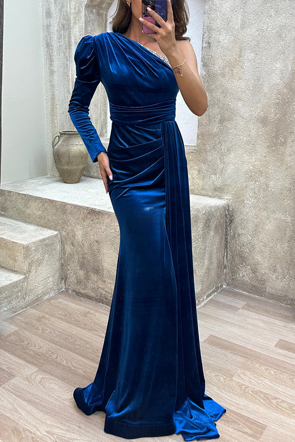 Mysterious Lady Velvet One Shoulder Sequin Trim Ruched Slit Maxi Dress