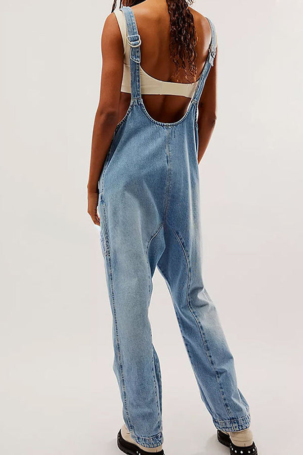 Pocket V Neck Suspender Denim Jumpsuit