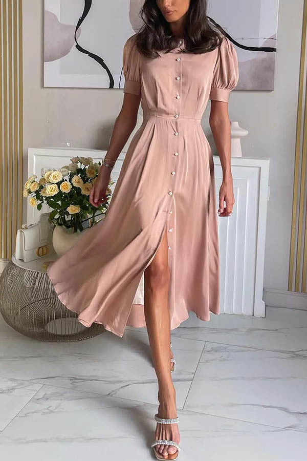 Chic and Classy Vibe Puff Sleeve Pearl Button Slit Midi Dress