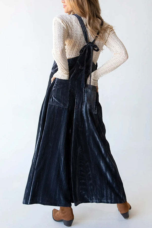 Comfy and Cute Velvet Tie-Back Pocketed Wide Leg Overalls