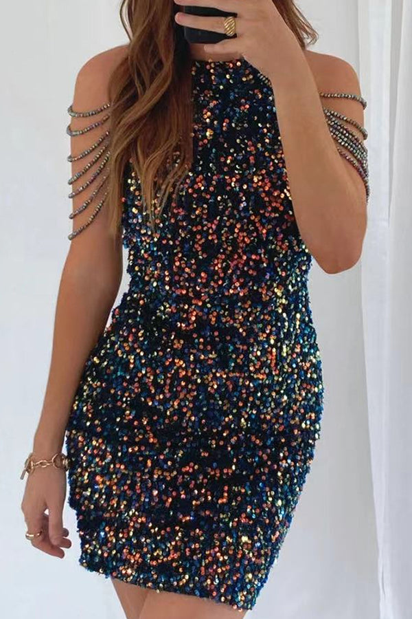 Hollywood Star Rhinestone Shoulder Party Dress