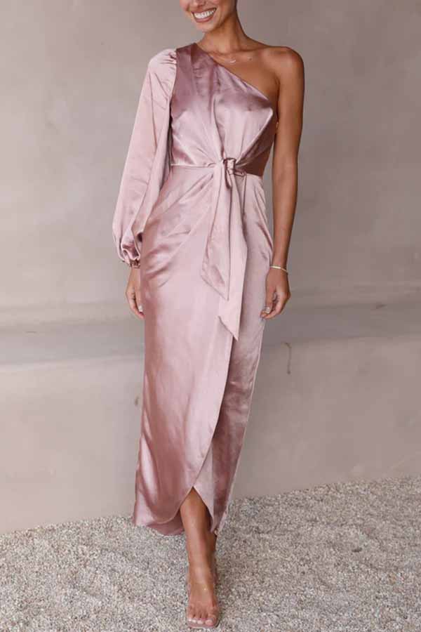 Endearing Romance Satin One Shoulder Front Tie Up Slit Maxi Dress