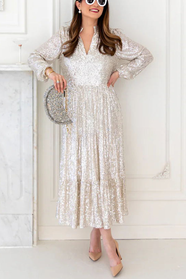 Shimmer and Shine Sequin Pocketed Tiered Party Holiday Midi Dress