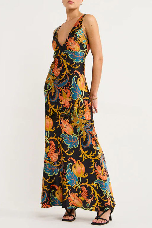 Forever Mine Satin Exclusive Botanical Print Slip Maxi Dress