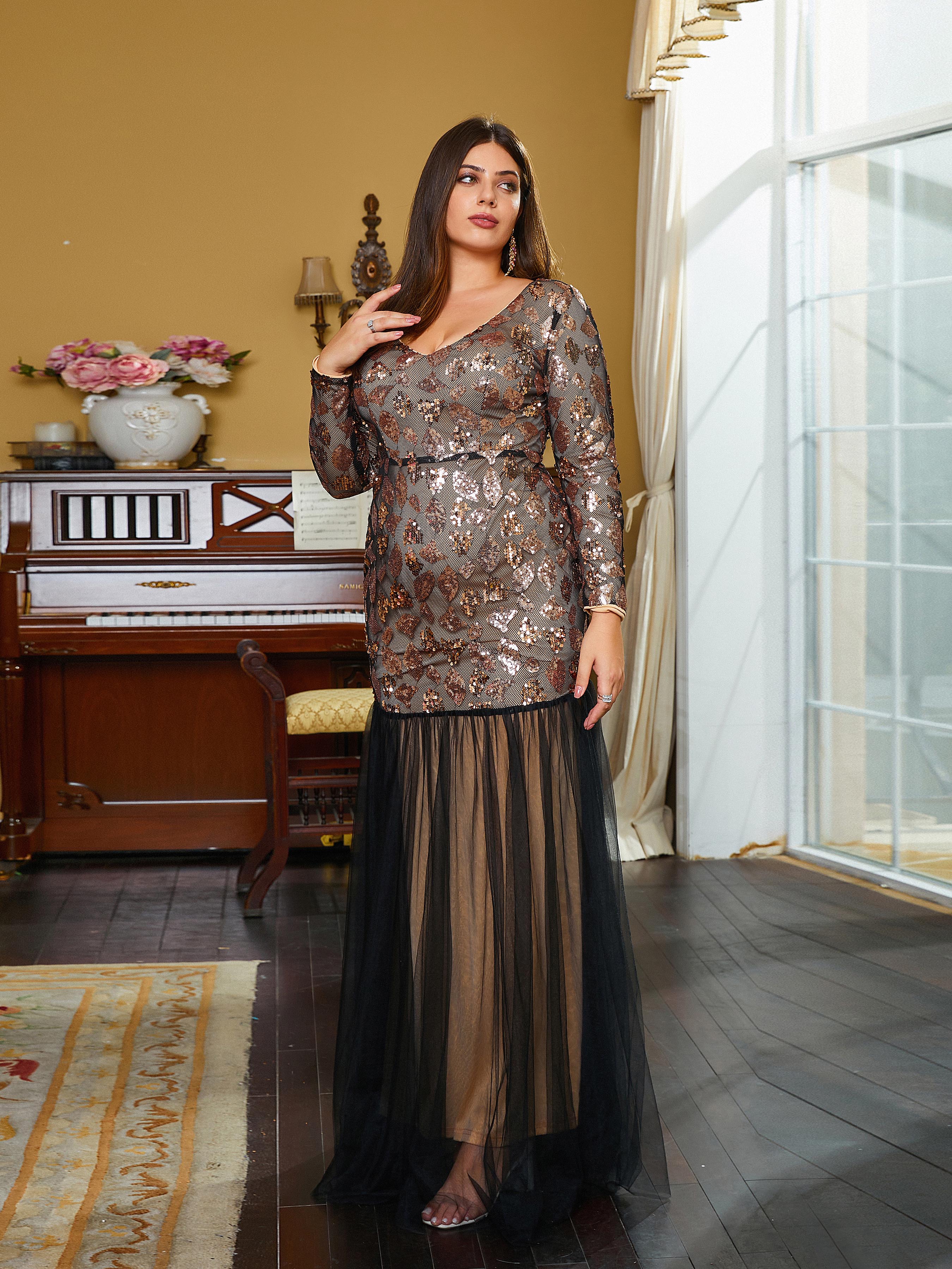 Plus Size V-Neck A-line Panel Long Sleeve Evening Dress PXJ2066