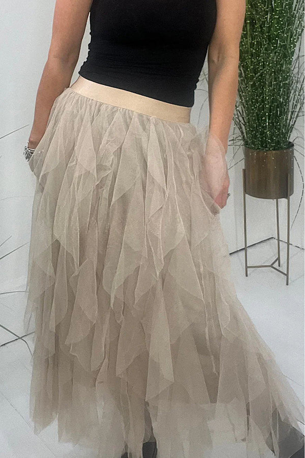 Glitz & Glammer Ruffled Tulle Stretch Waist Midi Skirt