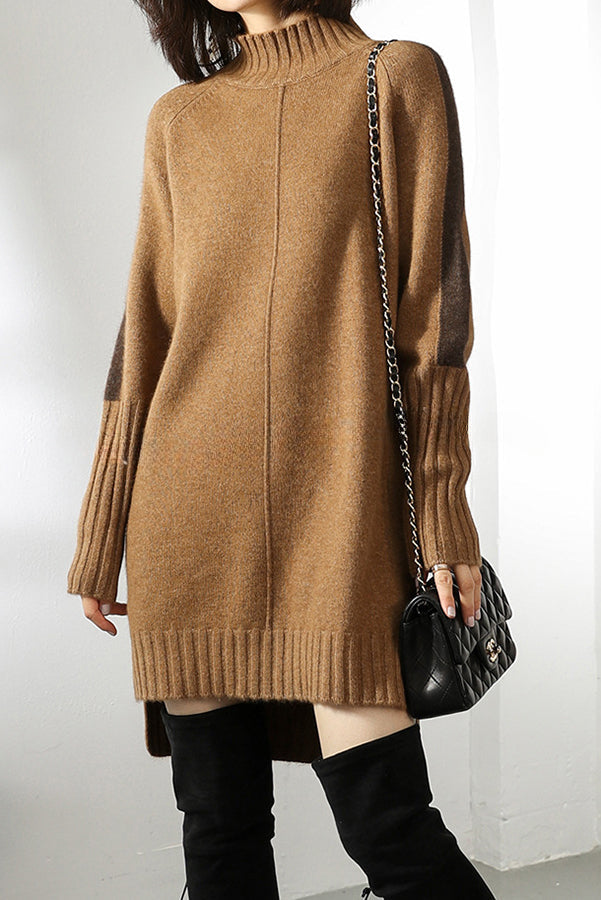 Dbfbdtu Knitted Turtleneck Slit Long Sleeved Mini Dress