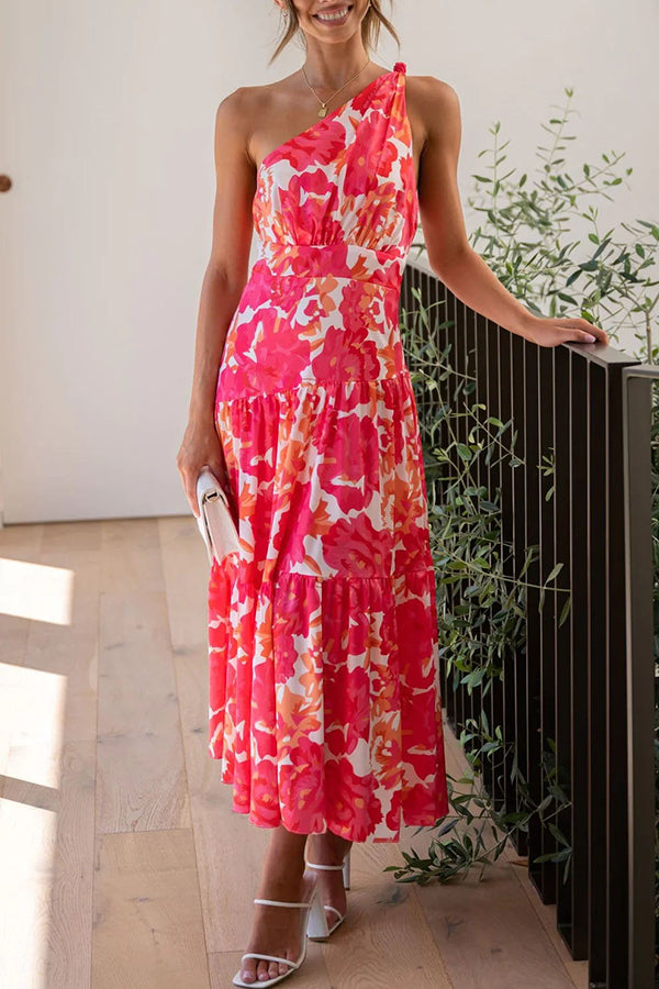 Just Met You Floral Knot Detail One Shoulder Tiered Maxi Dress