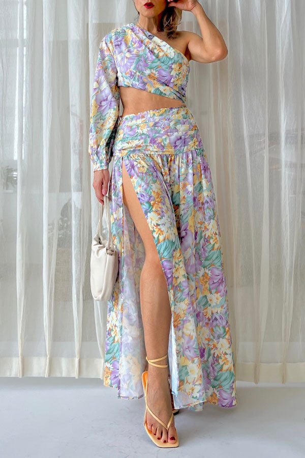 Sweet Flower Off-the-shoulder Slit Skirt Two-piece Set