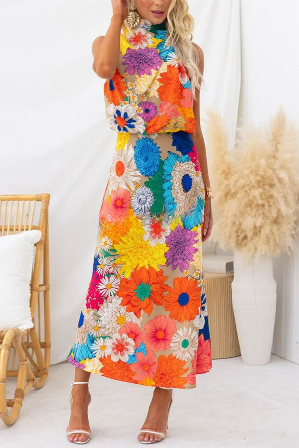 Land of Beauty Floral Print Halter Neck Elastic Waist Party Maxi Dress