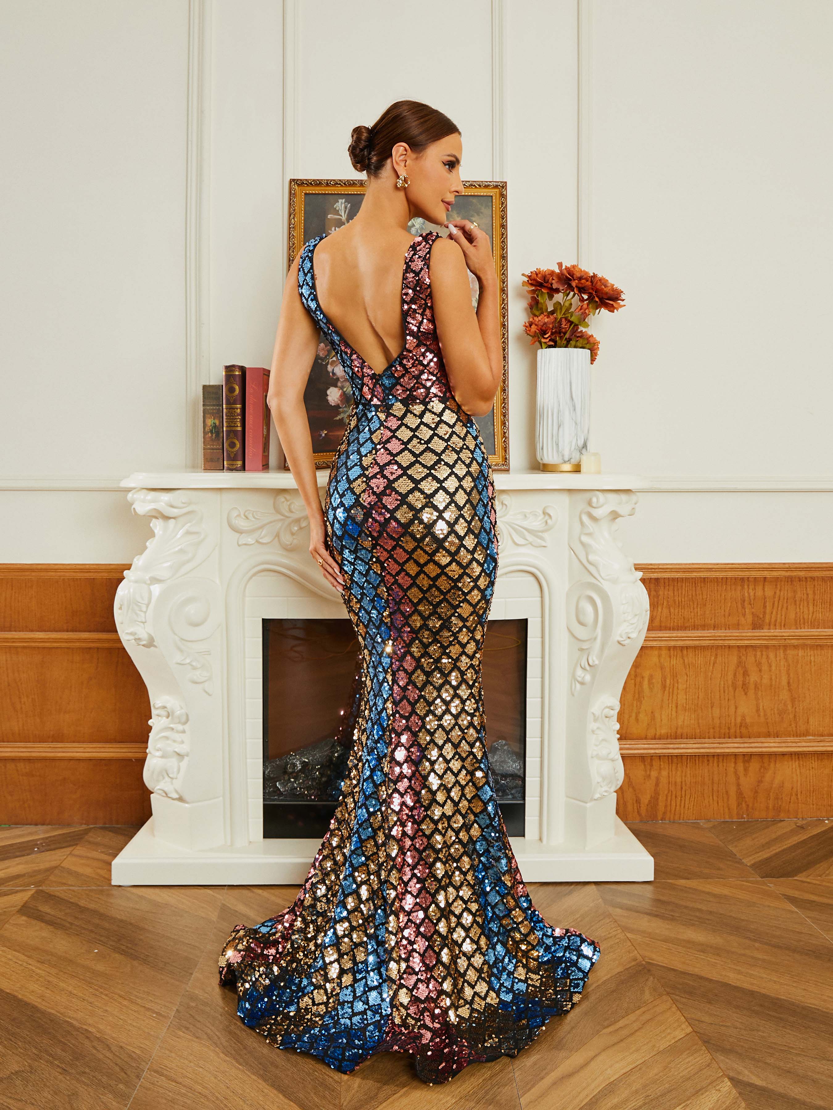 Formal Sequin V-Neck Multicolor Mermaid Dress RM20623