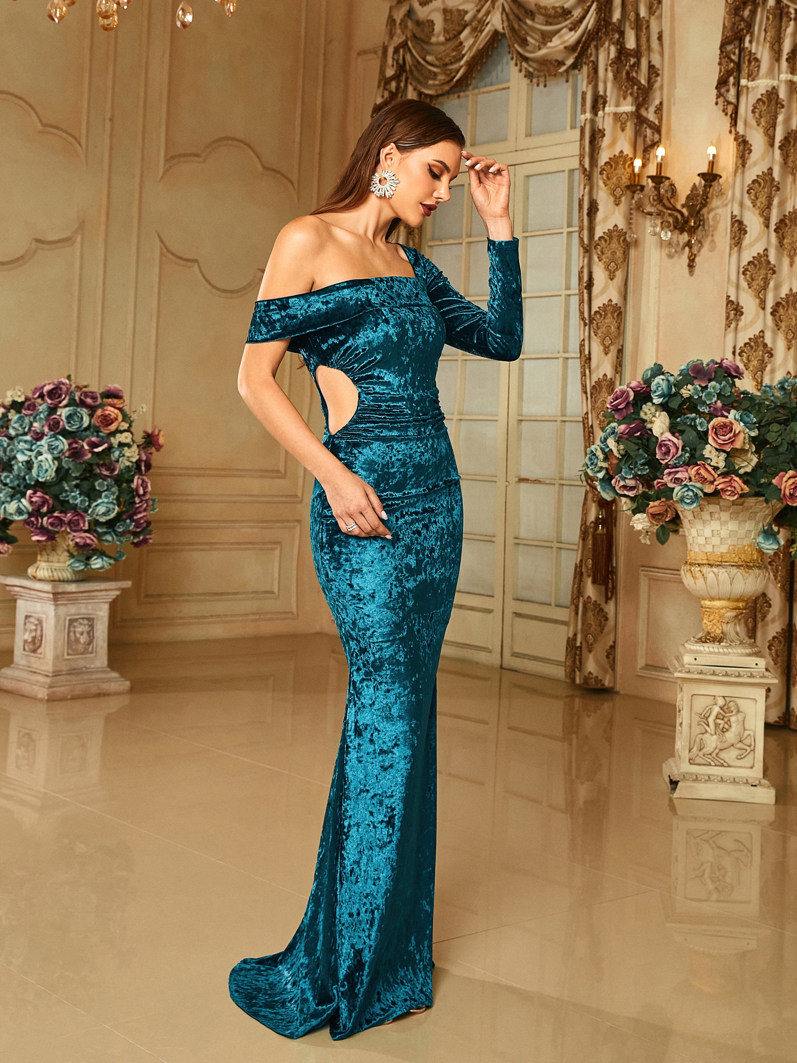 One Shoulder Velvet Cutout Mermaid Green Evening Dress RA60102