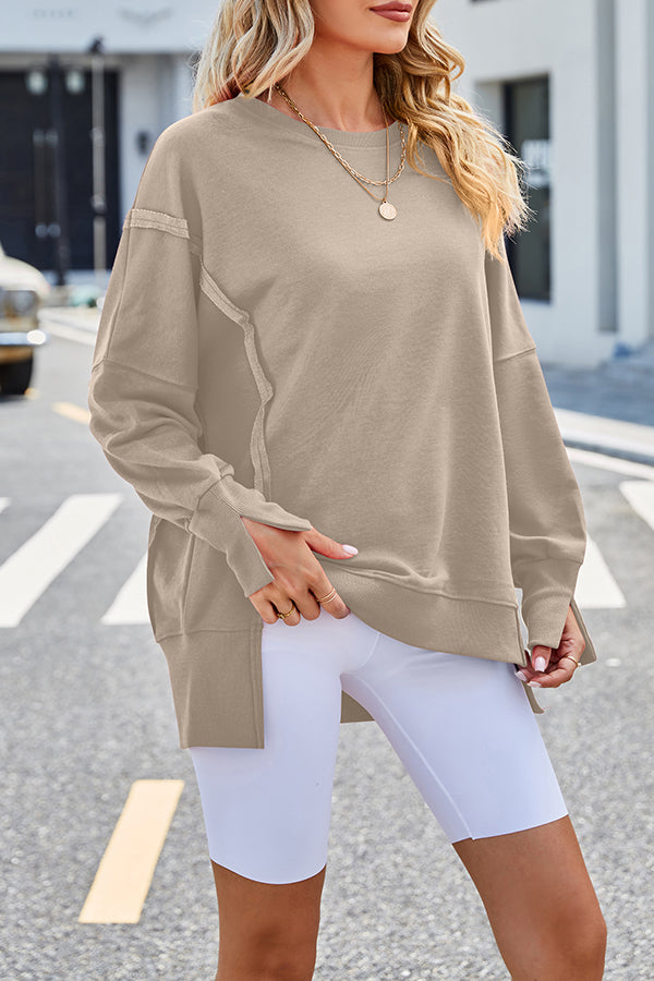 Beaully Side Slit Pullover Long Sleeve Sweatshirt