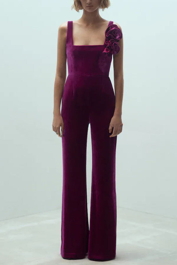 Wine Tasting Velvet Rose Design Wide Straps Flared Jumpsuit