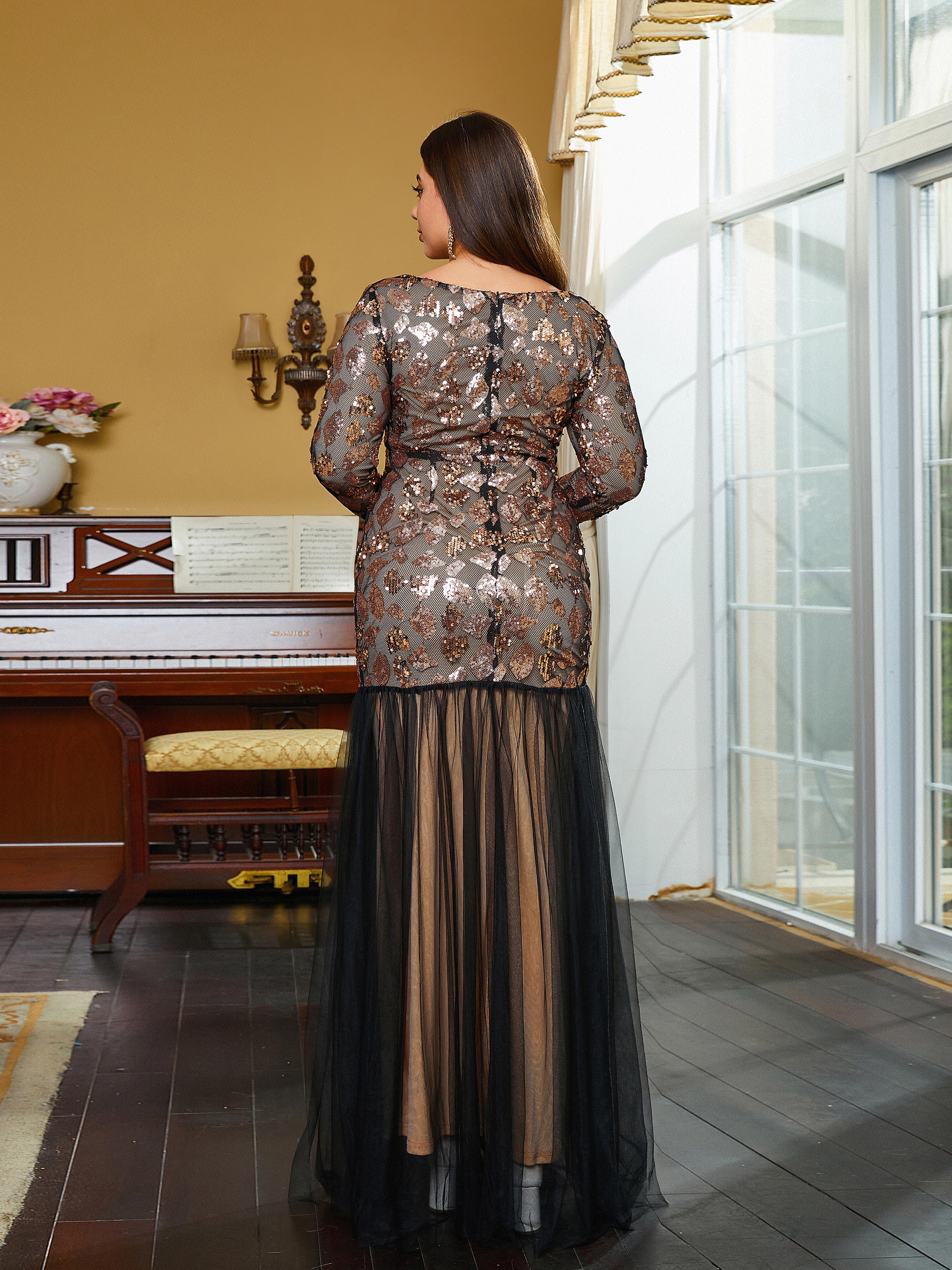 Plus Size V-Neck A-line Panel Long Sleeve Evening Dress PXJ2066