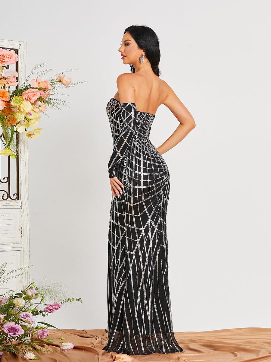 Off Shoulder Stripe Sequin Maxi Evening Dress RJ10201