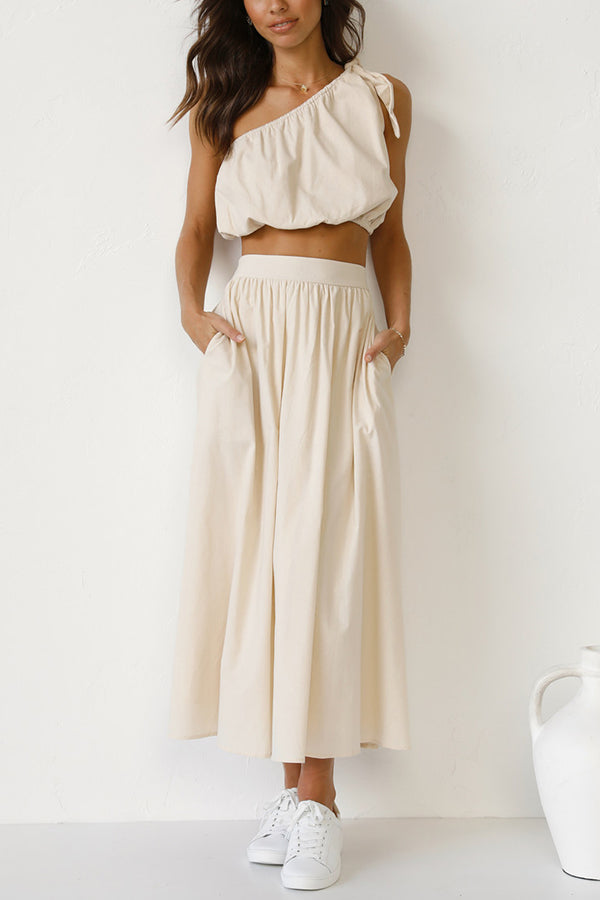 Chasing Sunshine Tie One Shoulder Pocketed Midi Skirt Set